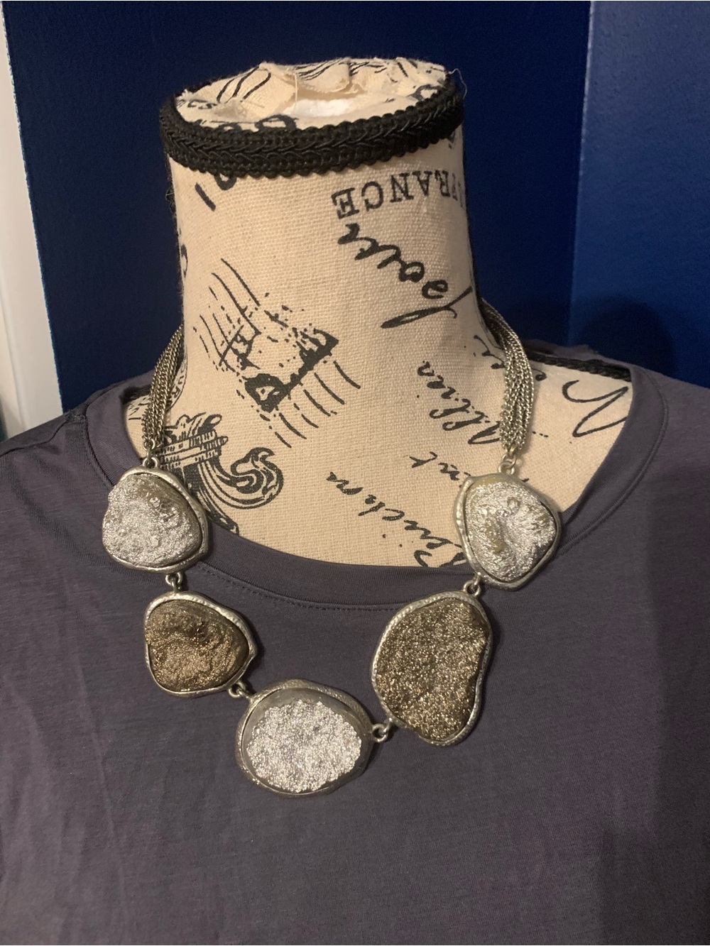 Silver and Gold Tone Druzy Statement Necklace - Women Jewelry